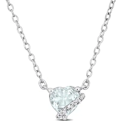 Delmar Sterling Silver Aquamarine & Diamond Heart Pendant Necklace In Metallic