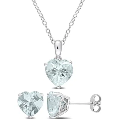 Delmar Sterling Silver Aquamarine Heart Stud Earrings & Necklace Set In Blue