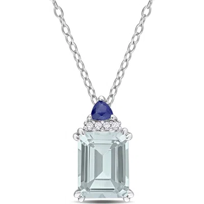 Delmar Sterling Silver Aquamarine, Sapphire & Diamond Pendant Necklace In Blue