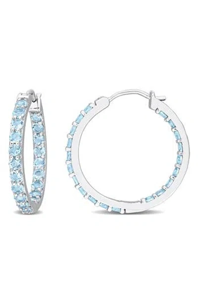 Delmar Sterling Silver Blue Topaz Inside & Outside Hoop Earrings In Metallic