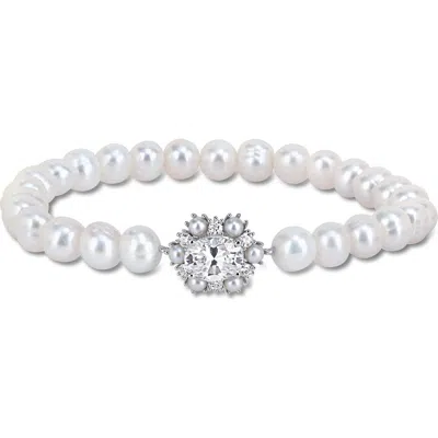 Delmar Sterling Silver Created Moissanite & Imitation Pearl Strand Bracelet In White Gold
