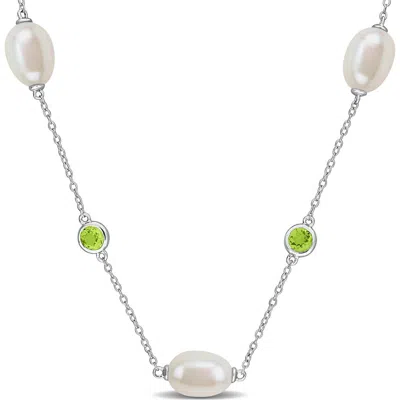 Delmar Sterling Silver Cultured Pearl And Blue Topaz Station Necklace In Multi