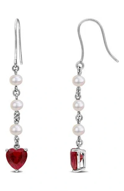 Delmar Sterling Silver Cultured Pearl & Lab Grown Ruby Heart Drop Earrings In Red