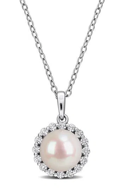 Delmar Sterling Silver Cultured White Pearl & Lab Grown White Sapphire Halo Pendant Necklace In Red