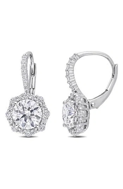 Delmar Sterling Silver Lab Created Moissanite Halo Drop Earrings In Metallic