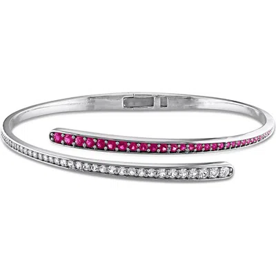 Delmar Sterling Silver Lab Created Ruby & White Sapphire Bypass Bangle In Red
