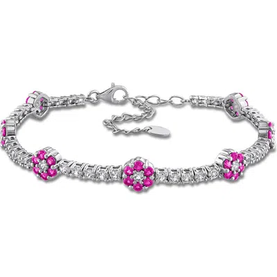 Delmar Sterling Silver Lab Created Ruby Flower Line Bracelet In Red