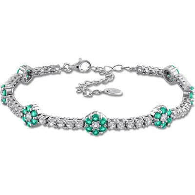 Delmar Sterling Silver Lab Grown Emerald & Lab Grown Sapphire Floral Bracelet In Green