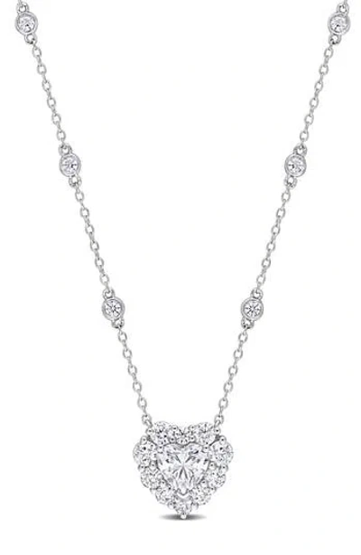 Delmar Sterling Silver Lab Grown Moissanite Heart Halo Pendant Necklace