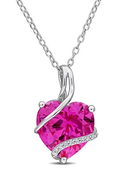 Delmar Sterling Silver Lab Grown Pink Sapphire & Diamond Heart Pendant Necklace