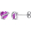 Delmar Sterling Silver Lab Grown Pink Sapphire & Diamond Heart Stud Earrings In Pink