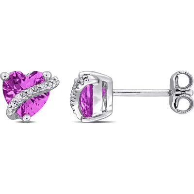 Delmar Sterling Silver Lab Grown Pink Sapphire & Diamond Heart Stud Earrings In Metallic