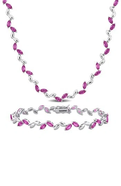 Delmar Sterling Silver Lab Grown Pink Sapphire Necklace & Bracelet Set