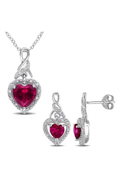 Delmar Sterling Silver Lab Grown Ruby Heart & Diamond Necklace & Earrings Set In Metallic