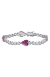Delmar Sterling Silver Lab Grown White Sapphire & Ruby Heart Bracelet In Red