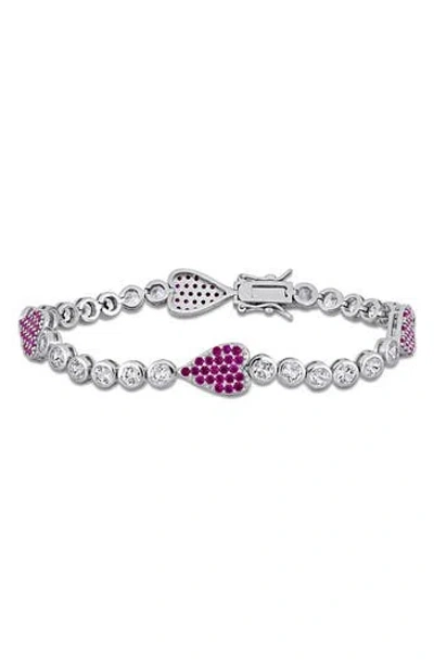 Delmar Sterling Silver Lab Grown White Sapphire & Ruby Heart Bracelet In Metallic