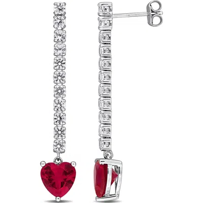Delmar Sterling Silver Lab Grown White Sapphire & Ruby Heart Drop Earrings In Gray