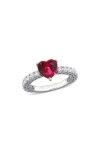 Delmar Sterling Silver Lab Grown White Sapphire & Ruby Heart Ring In Red