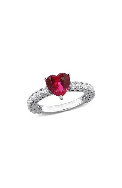 Delmar Sterling Silver Lab Grown White Sapphire & Ruby Heart Ring In Red