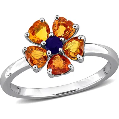 Delmar Sterling Silver Orange & Blue Sapphire Flower Ring In Multicolor