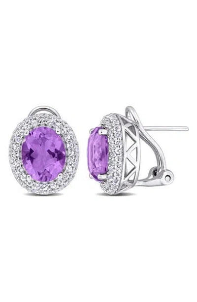 Delmar Sterling Silver Oval Cut Semiprecious Stone & White Topaz Halo Stud Earrings In Purple