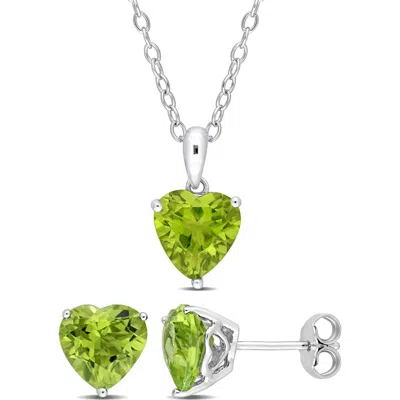 Delmar Sterling Silver Peridot Heart Stud Earrings & Necklace Set In Green