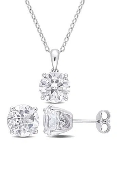 Delmar Sterling Silver Round White Topaz Stud Earrings & Pendant Necklace Set In Metallic