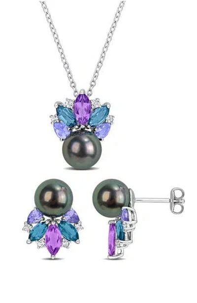 Delmar Tahitian Pearl Pendant Necklace & Stud Earrings Set In Purple