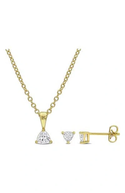 Delmar Trillion Cut Cubic Zirconia Stud Earrings & Pendant Necklace Set In Gold