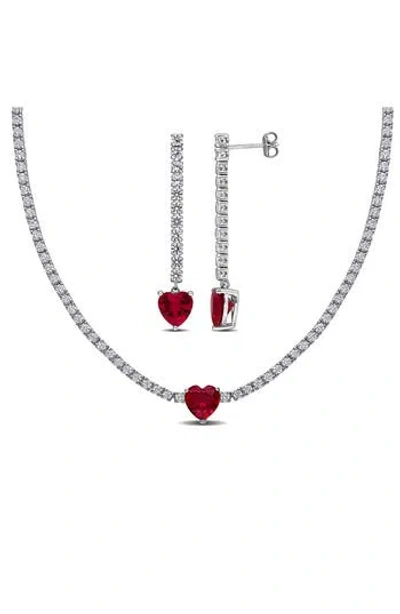 Delmar White Sapphire & Lab-created Ruby Heart Necklace & Drop Earrings In Metallic