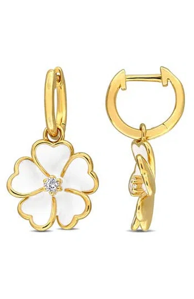 Delmar White Topaz & Enamel Floral Drop Huggie Hoop Earrings