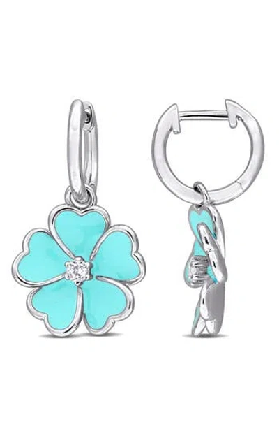 Delmar White Topaz & Enamel Floral Drop Huggie Hoop Earrings In Light Blue