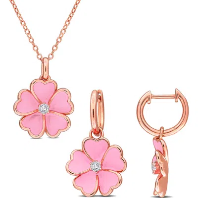 Delmar White Topaz & Enamel Flower Drop Earrings & Necklace Set In Pink