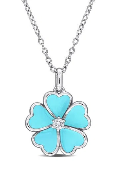 Delmar White Topaz & Enamel Flower Pendant Necklace In Light Blue
