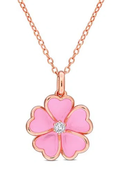 Delmar White Topaz & Enamel Flower Pendant Necklace In Pink