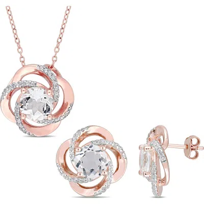Delmar White Topaz Swirl Stud Earrings & Pendant Necklace Set In Pink