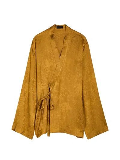 Delos Tao Textured Jacquard Satin Wrap Shirt In Brown