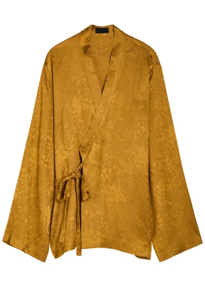 Delos Tao Textured Jacquard Satin Wrap Shirt In Brown