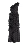 Delphine Angela Ruffled Polka-dot Silk-blend Gown In Black