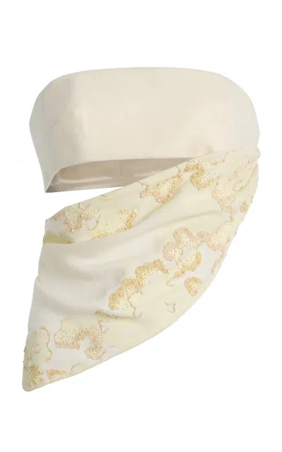 Delpozo Draped Embroidered Linen-wool Bandeau Top In Ivory