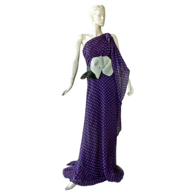Pre-owned Delpozo Dreamy One-shoulder Polka Dot Dramatic Silk Chiffon Gown In Purple