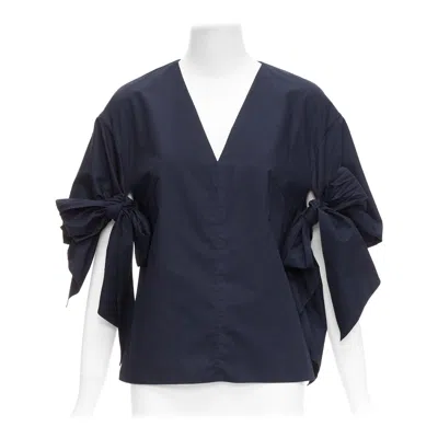 Pre-owned Delpozo Navy Cotton Knot Tie Sleeves V Neck Relaxed Top Fr36a S In Blue