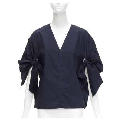 Pre-owned Delpozo Navy Cotton Knot Tie Sleeves V Neck Relaxed Top Fr36a S In Blue