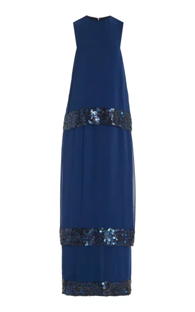 Delpozo Sequined Satin Gown In Navy