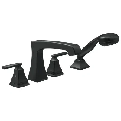 Delta Ashlyn Double Handle Deck Mounted Roman Tub Faucet Trim With Handshower In Matte Black