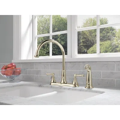 Delta Cassidy Double Handle Kitchen Faucet With Side Spray In Brilliance Polished Nickel