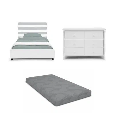 Delta Children 3-piece Twin Bedroom Furniture Set – Includes Upholstered Twin Bed, 6 Drawer Dresser And Twin Mattre In White