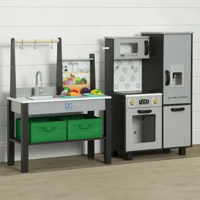 Delta Children Gourmet All-in-one Corner Play Kitchen - Toy Kitchen Playset With Realistic Stove Burners (lights) In Gray