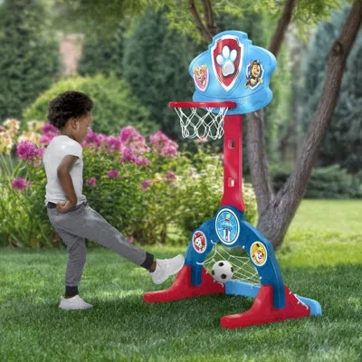 Delta Children - Paw Patrol 4-in-1 Sports Center – Adjustable Easy Score Basketball Hoop, Soccer/hockey Net And Gol In Blue;white;red