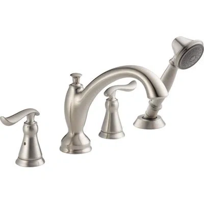 Delta Linden Double Handle Deck Mounted Roman Tub Faucet Trim With Diverter And Handshower In White